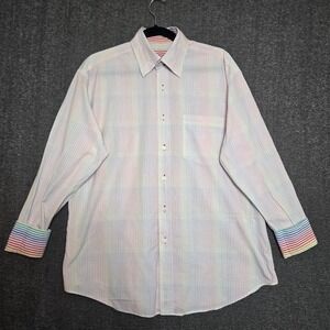 Mens Bugatchi Uomo Button Up Shirt Sz M Rainbow White Check‎ Flip Cuff